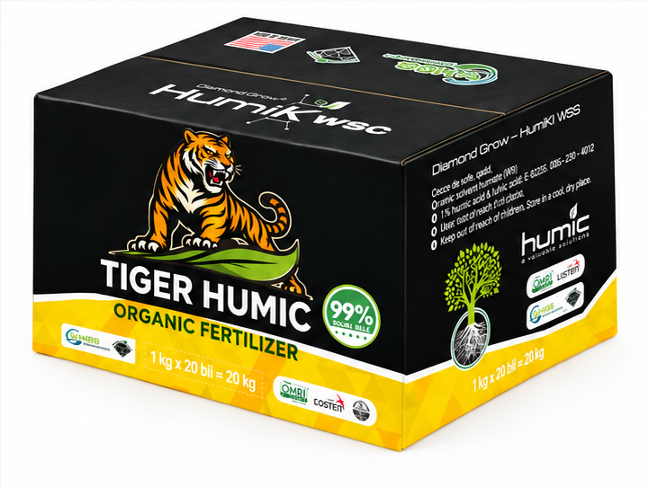 Thùng 20KG Tiger Humic WSG 99% – mặt sau nghiêng phải