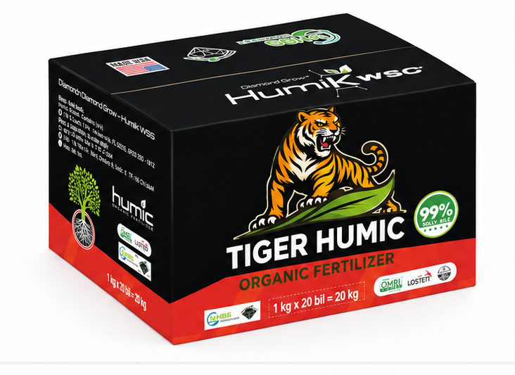 Thùng 20KG Tiger Humic WSP 95% – góc nghiêng trái