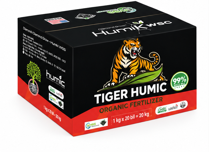 Thùng 20KG Tiger Humic WSP 95% – mặt sau nghiêng trái