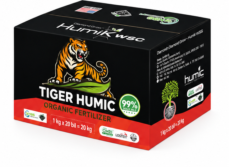 Thùng 20KG Tiger Humic WSP 95% – mặt sau nghiêng phải